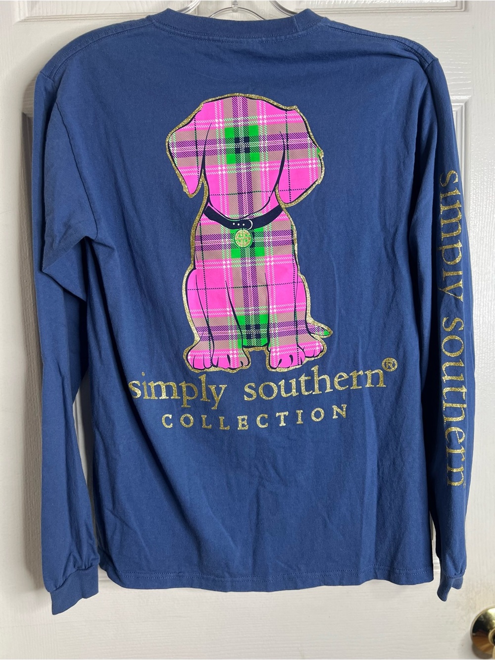 Simply Southern long-sleeve t-shirt pink plaid glitter puppy small FLAW